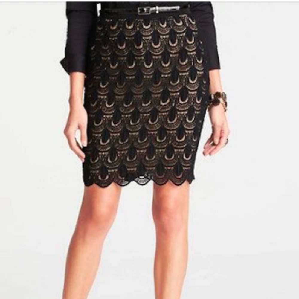 Ann Taylor Lace Scalloped A-Line Skirt Size 2 Black & Nude